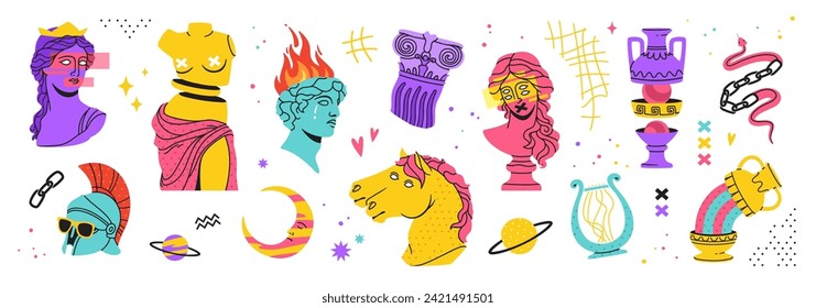 Psychedelic antique stickers. Ancient greek culture sticker pack in modern art style. Acid trendy Greece sculpture, trippy surreal elements, weird statue vector set. Mythological trendy characters