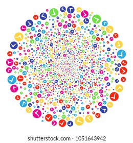 Psychedelic Apply explosion round cluster. Vector globula salute done by random apply objects. Colorful Vector abstraction.