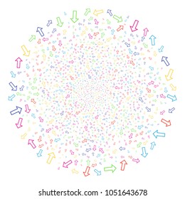 Psychedelic Arrow festive cluster. Vector spheric cluster explosion created from scatter arrow objects. Psychedelic Vector illustration.