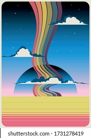 Psychedelic Art 1960s, 1970s Music Posters Stylization, Gradient Sky, Rainbow, Clouds