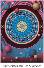 Psychedelic Art, Abstract Background. Template for Posters, Covers, Illustrations. Colorful Gradients, Geometric Shapes, Concentric Rings, Waves