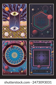 Psychedelic Art, Abstract Backgrounds. Templates for Posters, Covers, Illustrations. Colorful Gradients, Geometric Shapes, Eyes, Lightnings, Hexagon, Concentric Circles, Mirror Mosaic