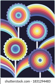 Psychedelic Art Background Flowers and Rainbows 1960s Poster Style 