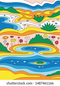 Psychedelic Art Background Nature Landscape Hand Drawn Poster 1960s Groovy Style 