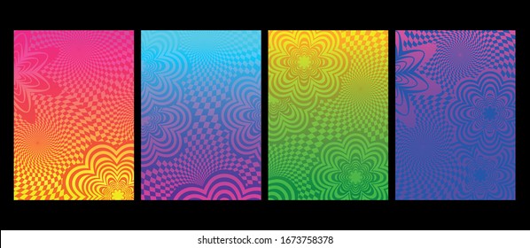 Psychedelic Art Background Set, Bright Gradients, Flowers and Curls