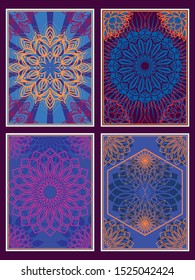 Psychedelic Art Backgrounds, Patterns, Poster, Cover Templates, Mandala Ornament, Vintage Color Combinations from the 1960s, 1970s