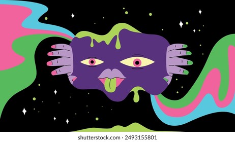 psychedelic art banner. trippy vector design. acid background. cartoon horizontal hippie poster with abstract face