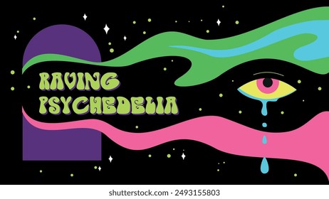 Anuncio de arte psicodélico. diseño de Vector trippy. fondo ácido. caricatura Horizontal póster hippie con ojo abstracto