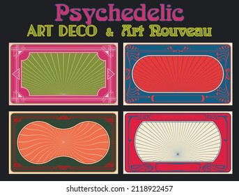 Psychedelic Art Deco and Art Nouveau Frames and Backgrounds, 1900s Style Ornaments, 1960s Style Colors 