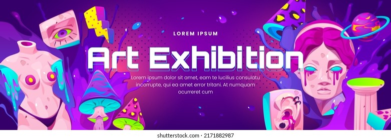 Psychedelic art exhibition banner with trendy acid design of greek sculpture. Vector cartoon crazy poster with girl statue and planet, eyes and mushrooms, background with paint splashes