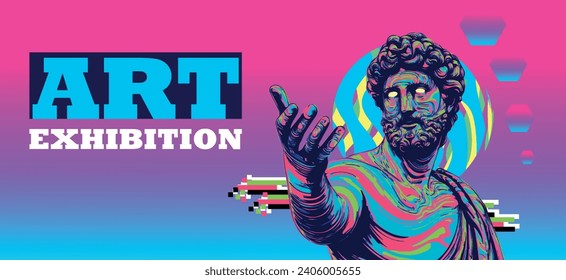 Psychedelic art exhibition banner with trendy acid design of greek sculpture. Vector cartoon crazy poster with statue and glitch.