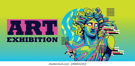 Psychedelic art exhibition banner with trendy acid design of greek sculpture. Vector cartoon crazy poster with statue and glitch.