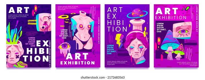 Psychedelic art exhibition invitation banner set with trendy acid design of greek sculpture. Vector cartoon crazy posters with girl statue and planet, eyes and mushroom, background with paint splashes