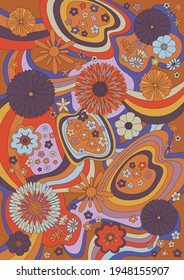 Psychedelic Art Floral Pattern, Background for Posters, covers, 60's Style