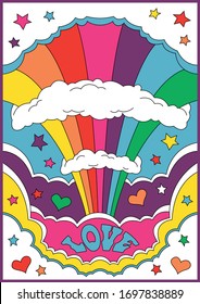 Psychedelic Art Hippie Poster Style, Love, Rainbow, Clouds, Hearts, Stars 