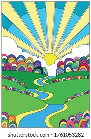 Psychedelic Art Landscape, Bright Color Outdoor Illustration 1960s Hippie Style 