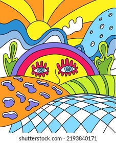 Psychedelic Art Landscape, Reto print hippie skies and rainbow, Vintage style groovy Poster
