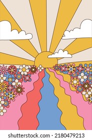 Psychedelic Art Landscape with sunset, sky and flower field, 1960s Hippie Illustrations with Clouds, Waves and Sun Rays. Vector hand drawn background.