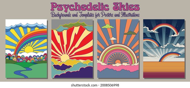 Psychedelic Art Landscapes, Skies and Rainbows, Vintage Style Posters, Covers Background Set 