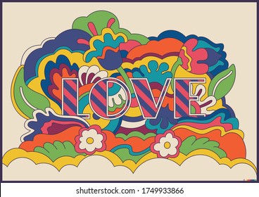 Psychedelic Art Love Poster, 1960s Hippie Style 