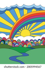 Psychedelic Art Meadows, Rainbow, Clouds and Sun Vector Landscape
