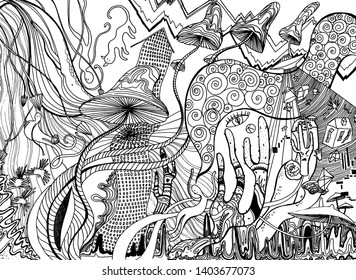 Psychedelic art with mushrooms, UFO, cacti, houses, animals and swirls. Abstract poster design. Surreal graphic abstraction. Black and white vector illustration