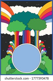 Psychedelic Art Nature, 1960s Hippie Style Illustration, Trees, Rainbows, Floral Background