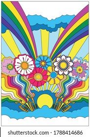 Psychedelic Art Nature and Flowers, Rainbows, Clouds Abstract Illustration 