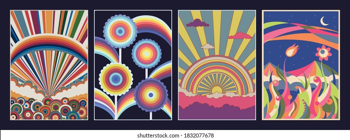 Psychedelic Art Nature and Landscapes, Flowers, Clouds, Rainbows, Hippie Art Style 
