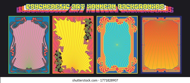 Psychedelic Art Nouveau Frames, Background Set, Psychedelic Colors, Retro Ornamental Shapes
