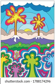 Psychedelic Art Outdoor Ilustration, Bright Trees, Volcanos