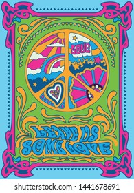 Psychedelic Art Peace Symbol, Vintage Colors and Decorative Background 1960s, 1970s Style