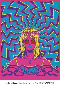 Psychedelic Art Poster 1960s, 1970s Style, Hippie Woman, Decorative Background