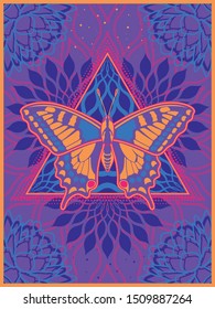 Psychedelic Art Poster, 1960s, 1970s Cover Template, Vintage Psychedelic Colors, Ornamental Pattern, Bright Butterfly