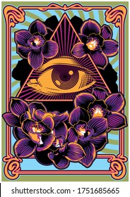 Psychedelic Art Poster 1960s Music Rock Album Cover Stylization, Eye In Triangle, Orchids, Art Nouveau Frame, Psychedelic Colors