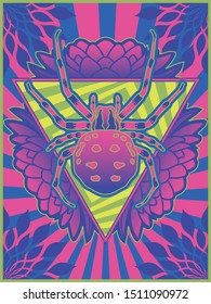 Psychedelic Art Poster 1960s Style Spider and Flowers