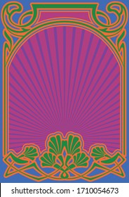 Psychedelic Art Poster, Cover Template 1960s, 1970s Style Colors, Art Nouveau Frame