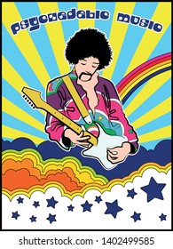 Psychedelic Art Poster Guitar Player, Vintage Corors and Psychedelic Backgrounds 1960s Hippie Style 