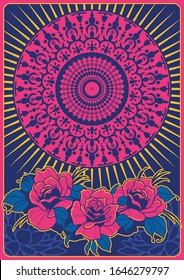 Psychedelic Art Poster, Postcard Style, Rose Flowers, Mandala, Psychedelic Colors