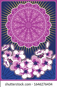 Psychedelic Art Poster, Postcard Template, Cherry Flowers, Mandala, Vintage Color Background