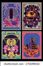 Psychedelic Art Poster Set, 1960s Music Posters Stylization, Scarab, Microphone, Eye in Triangle, Grenade, Flowers
