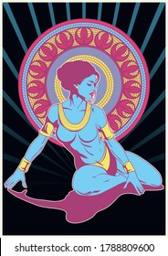 Psychedelic Art Poster Style Ancient Blue Skin Goddess, Mosaic Circle Background