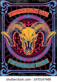 Psychedelic Art Poster, Vintage Colors, Decorative Background 1960s, 1970s Style, Ram Skull, Grunge Texture Pattern 