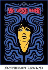 Psychedelic Art Poster Woman And Decorative Background 1960s Hippie Style 