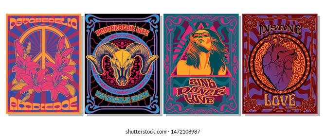 Psychedelic Art Posters, 1960s, 1970s Style, Vintage Colors and Shapes, Peace Symbol, Hippie Girl, Ram Skull, Anatomical Heart, Lily Flowers