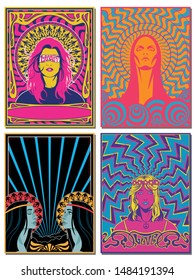 Psychedelic Art Posters, 1960s, 1970s Cover Templates Style, Colorful Decorative Backgrounds, Hippie Girls