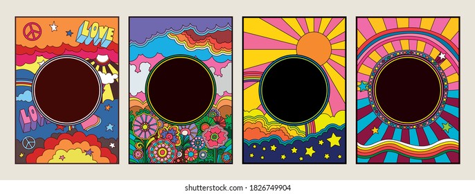 Psychedelic Art Posters, Banners Hippie Style from the 1960s, 1970s, Colorful Ornate Backgrounds