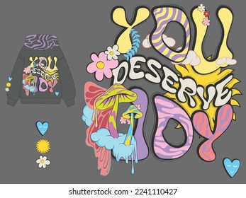 psychedelic art print, slogan, mushrooms, flower, sun, tshirt print, slogan vector