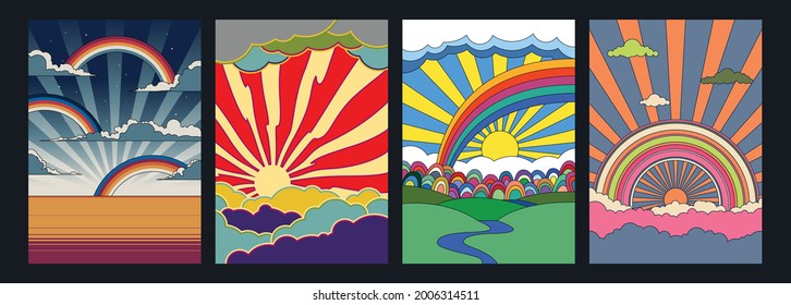 Psychedelic Art Skies and Landscapes, 1960s Hippie Art Style Illustrations, Clouds, Rainbows, Fields and Sun Rays 