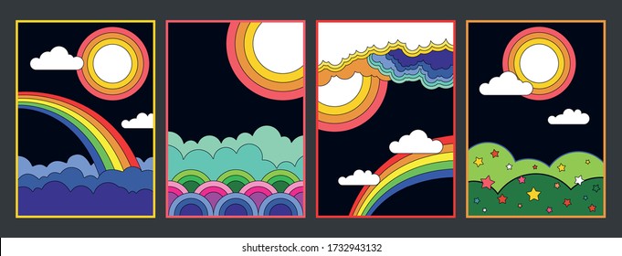 Psychedelic Art Style Landscapes, Outdoor Illustrations 1960s Hippie Style 